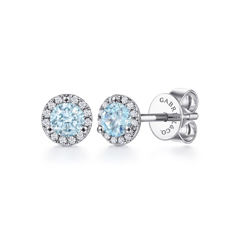 14K White Gold Halo Aquamarine and Diamond Stud Earrings - 0.09 ct - Shot 1