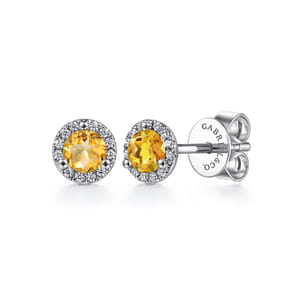 14K White Gold Halo Citrine and Diamond Stud Earrings