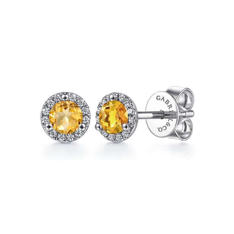 14K White Gold Halo Citrine and Diamond Stud Earrings - 0.09 ct - Shot 1