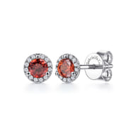 14K White Gold Halo Garnet and Diamond Stud Earrings