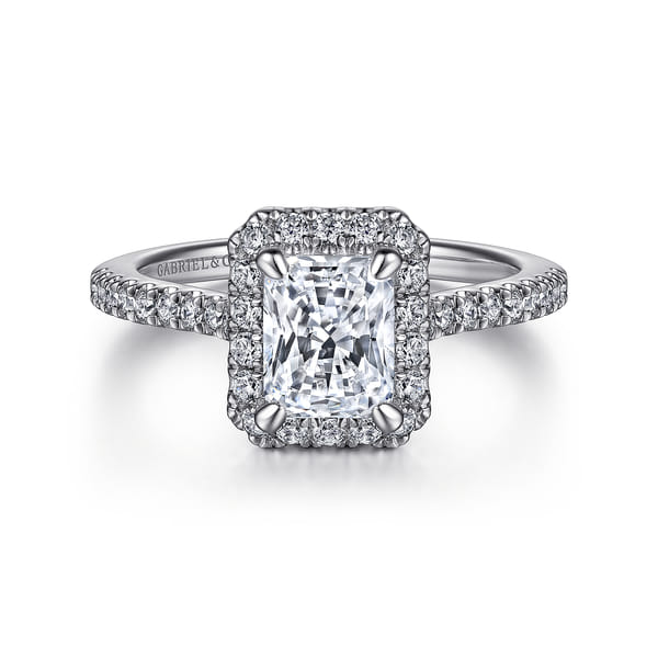 Halo Rectangular Radiant Cut Diamond Engagement Ring in White Gold