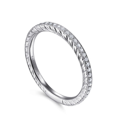 14K White Gold Hand Carved Stackable Diamond Ring