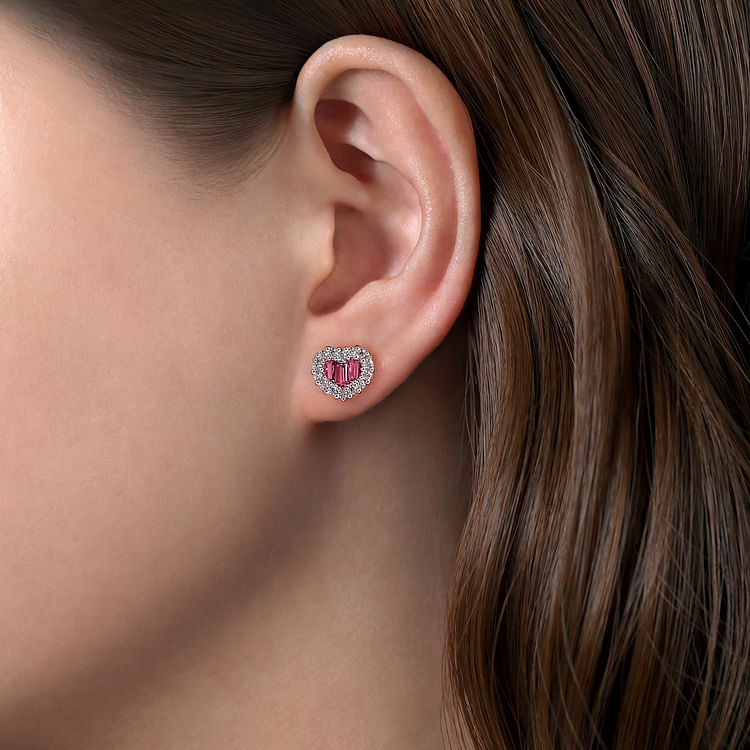 14K White Gold Heart Ruby and Diamond Earrings