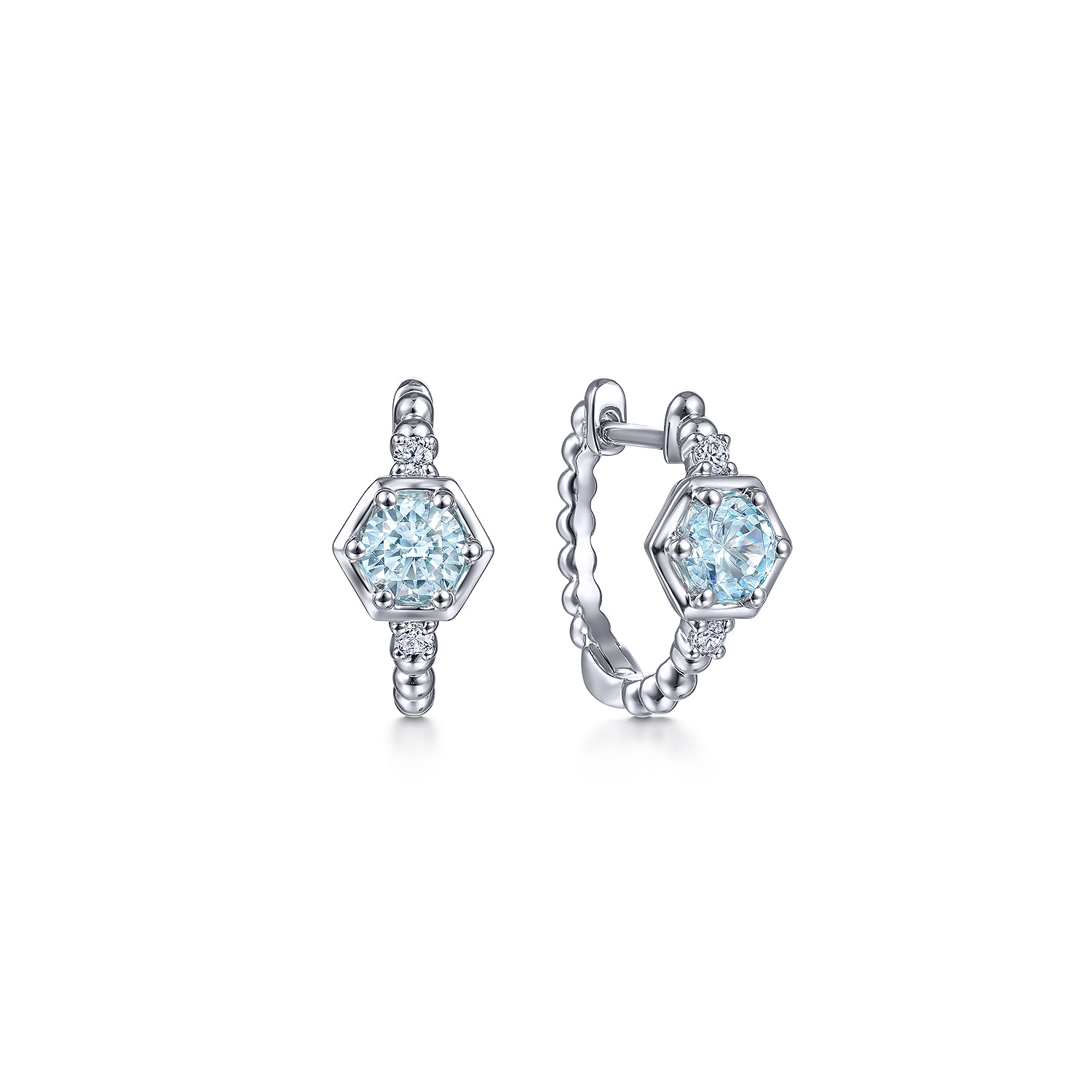 14K White Gold Hexagonal Aquamarine and Diamond Huggies Earrings