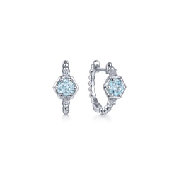 14K White Gold Hexagonal Aquamarine and Diamond Huggies Earrings