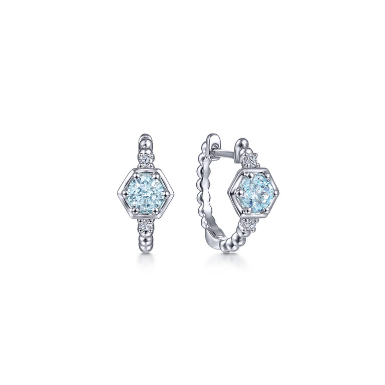 14K White Gold Hexagonal Aquamarine and Diamond Huggies Earrings - 0.06 ct - Shot 1