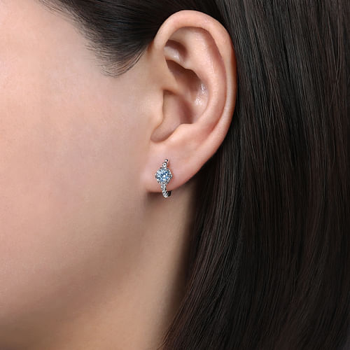 14K White Gold Hexagonal Aquamarine and Diamond Huggies Earrings - 0.06 ct - Shot 2