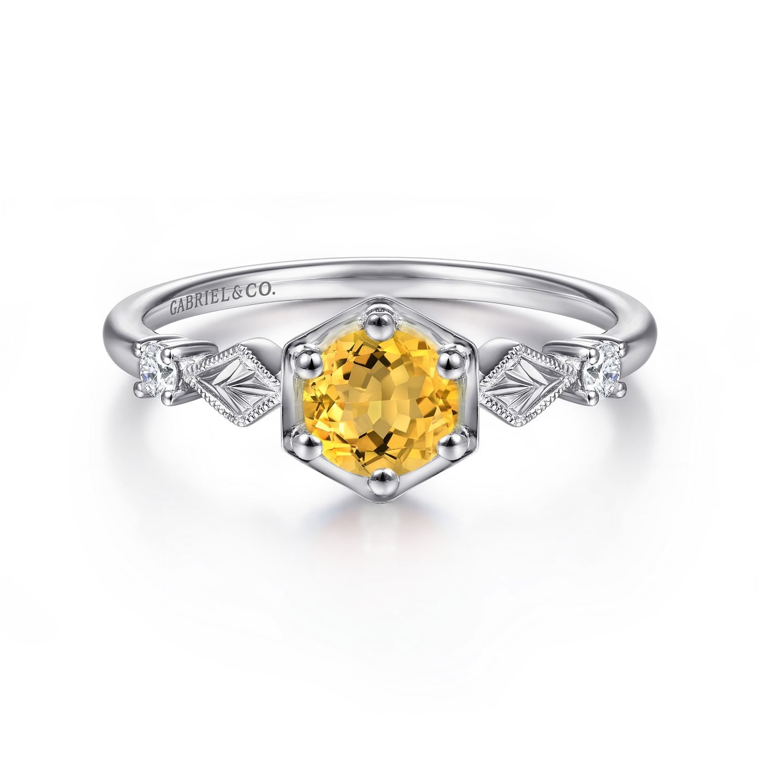 14K White Gold Hexagonal Citrine Diamond Ring
