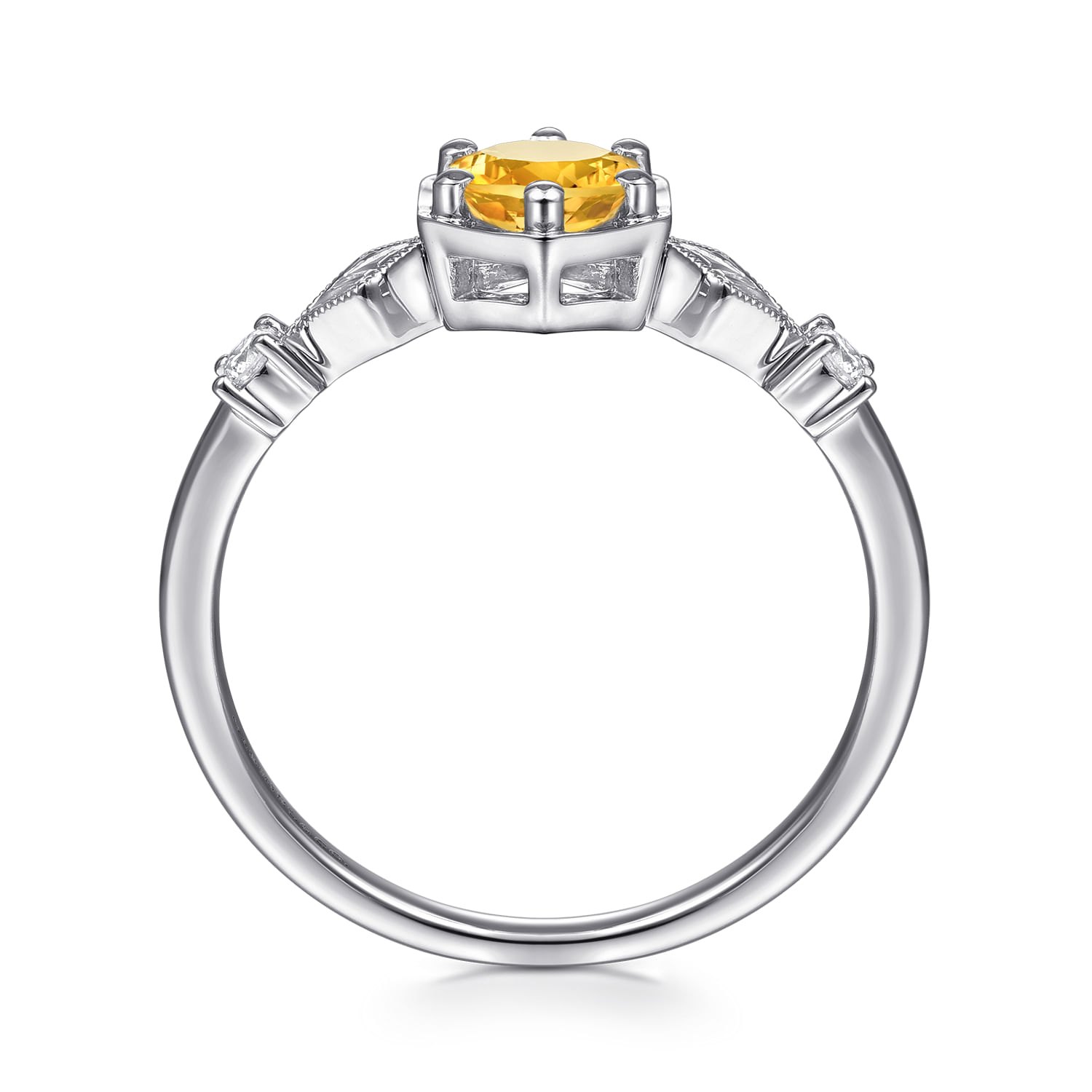14K White Gold Hexagonal Citrine Diamond Ring
