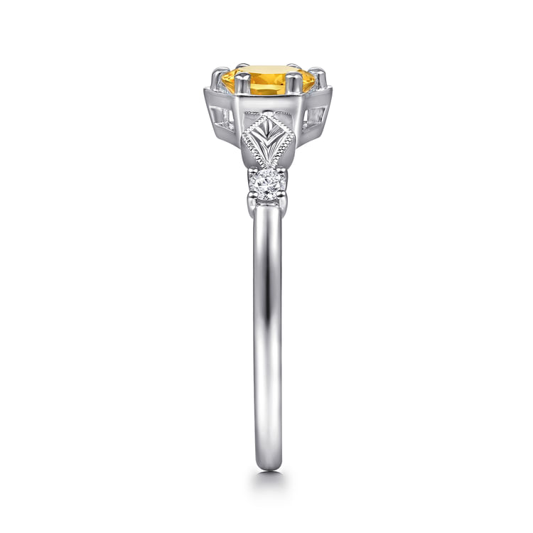 14K White Gold Hexagonal Citrine Diamond Ring