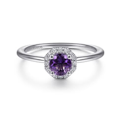 14K White Gold Hexagonal Diamond Halo and Round Amethyst Ring
