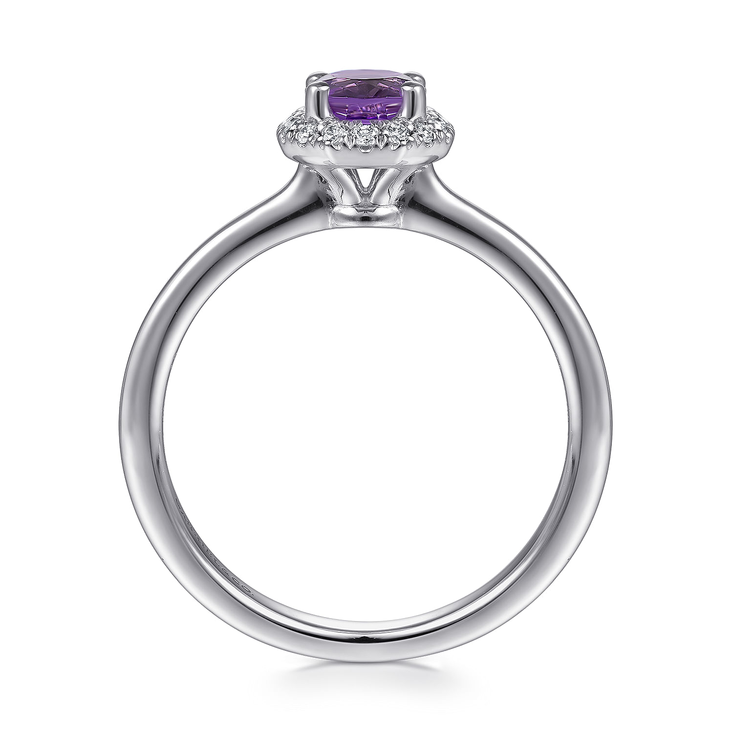 14K White Gold Hexagonal Diamond Halo and Round Amethyst Ring