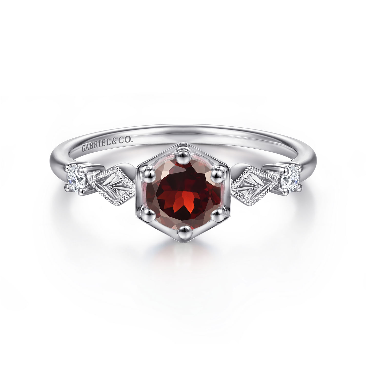 14K White Gold Hexagonal Garnet Diamond Ring