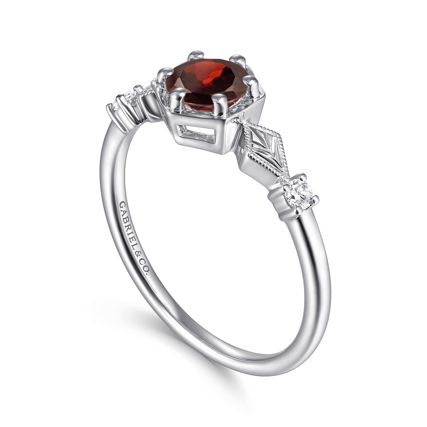 14K White Gold Hexagonal Garnet Diamond Ring