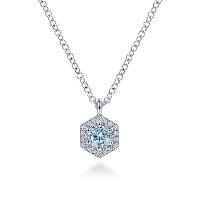 14K White Gold Hexagonal Halo Aquamarine and Diamond Pendant Necklace
