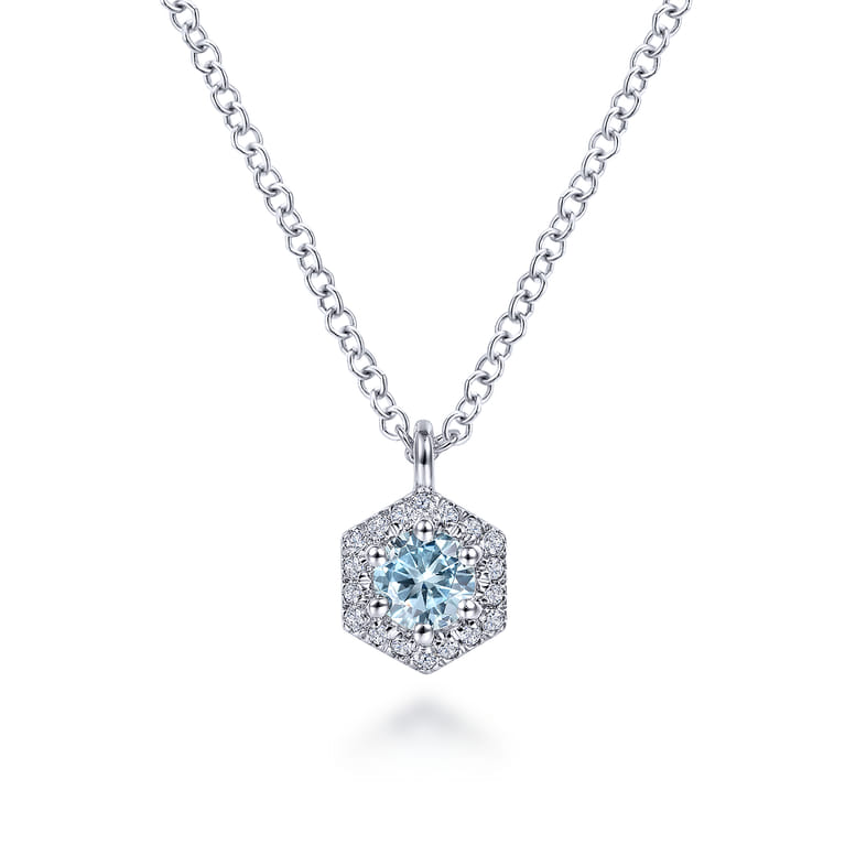 14K White Gold Hexagonal Halo Aquamarine and Diamond Pendant Necklace - 0.05 ct - Shot 1