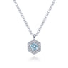 14K White Gold Hexagonal Halo Aquamarine and Diamond Pendant Necklace - 0.05 ct