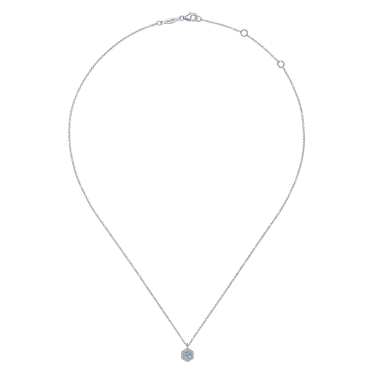 14K White Gold Hexagonal Halo Aquamarine and Diamond Pendant Necklace