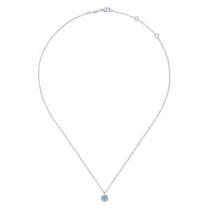 14K White Gold Hexagonal Halo Aquamarine and Diamond Pendant Necklace
