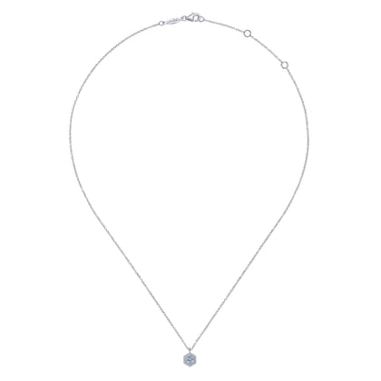 14K White Gold Hexagonal Halo Aquamarine and Diamond Pendant Necklace