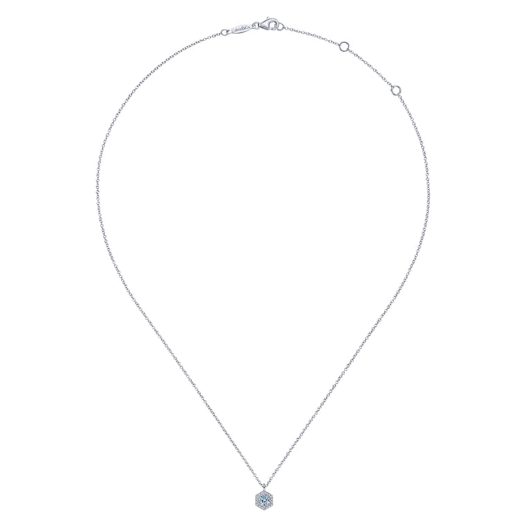 14K White Gold Hexagonal Halo Aquamarine and Diamond Pendant Necklace - 0.05 ct - Shot 2