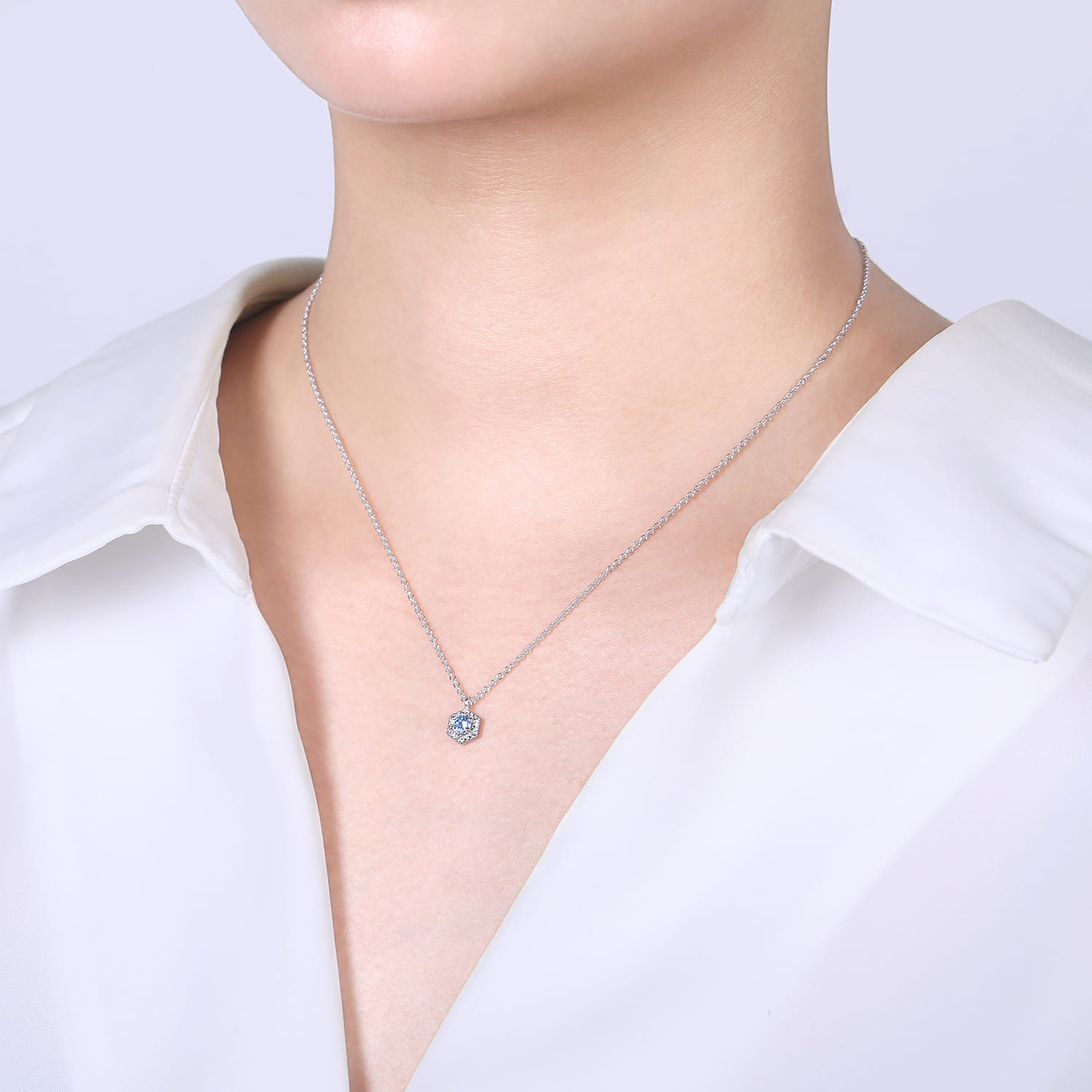 14K White Gold Hexagonal Halo Aquamarine and Diamond Pendant Necklace