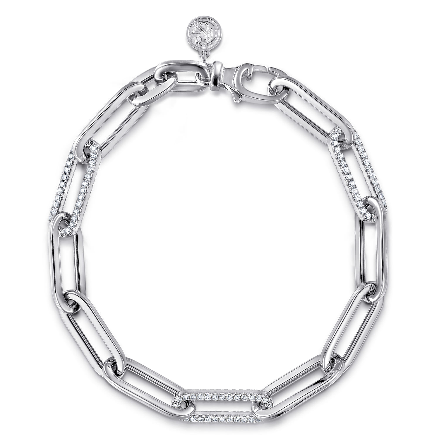14K White Gold Hollow Paperclip Chain Bracelet with Diamond Pave Link Stations - Shot 1
