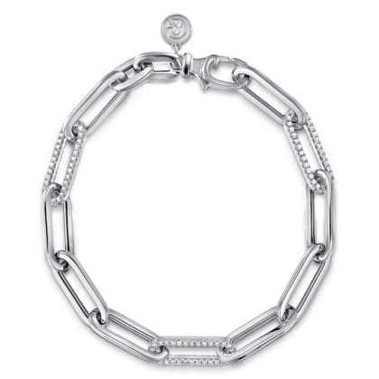 14K White Gold Hollow Paperclip Chain Bracelet with Diamond Pave Link Stations