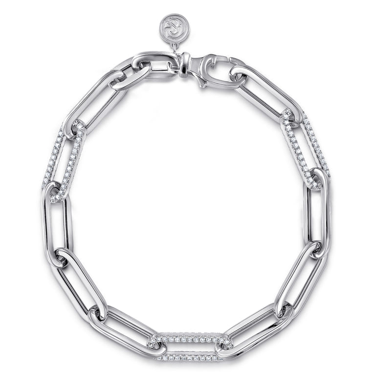 14K White Gold Hollow Paperclip Chain Bracelet with Diamond Pave Link Stations - Shot 1