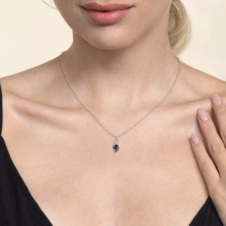 14K White Gold Infinity Blue Sapphire and Diamond Pendant Necklace - 0.08 ct - Shot 3