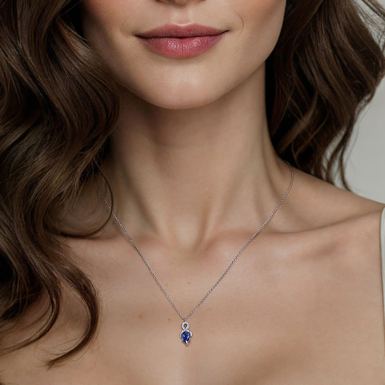 14K White Gold Infinity Blue Sapphire and Diamond Pendant Necklace - 0.08 ct - Shot 4