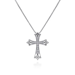 14K White Gold Intricate Openwork Diamond Cross Necklace