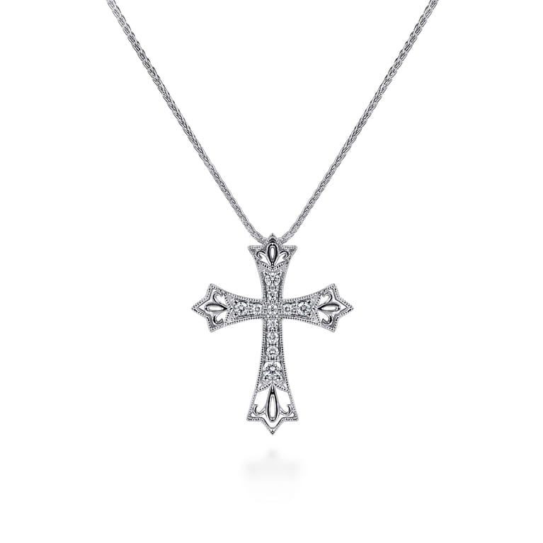 14K White Gold Intricate Openwork Diamond Cross Necklace - 0.14 ct - Shot 1