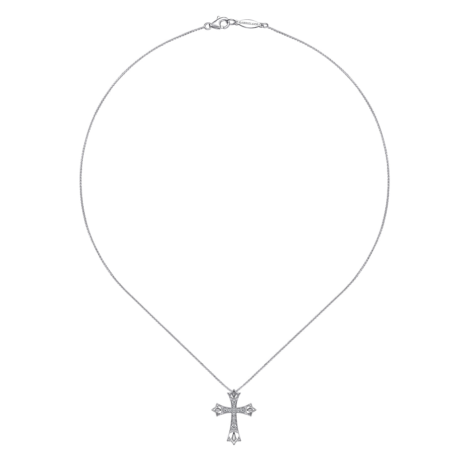14K White Gold Intricate Openwork Diamond Cross Necklace