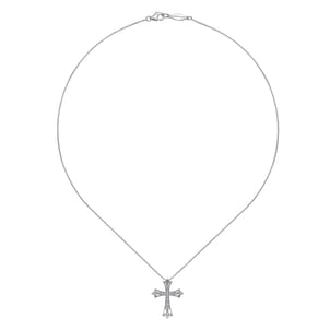 14K White Gold Intricate Openwork Diamond Cross Necklace
