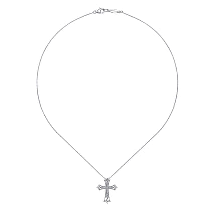 14K White Gold Intricate Openwork Diamond Cross Necklace
