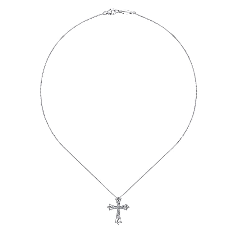 14K White Gold Intricate Openwork Diamond Cross Necklace