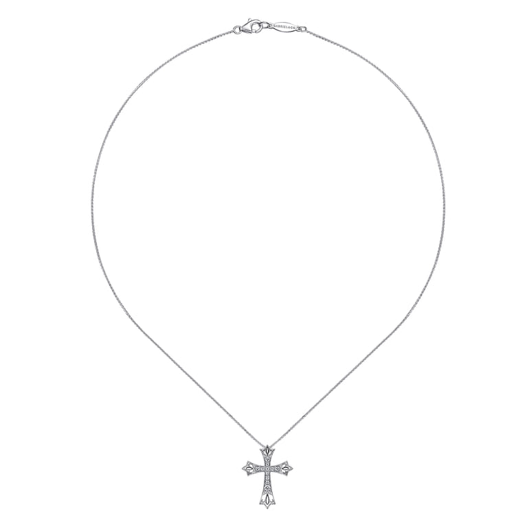 14K White Gold Intricate Openwork Diamond Cross Necklace - 0.14 ct - Shot 2