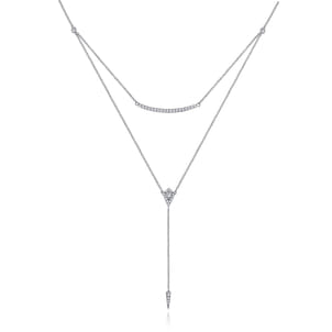 14K White Gold Layered Curved Bar and Diamond Drop Y Necklace