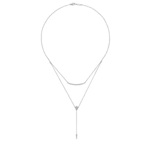 14K White Gold Layered Curved Bar and Diamond Drop Y Necklace