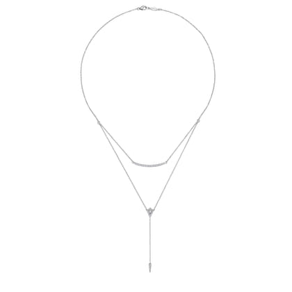 14K White Gold Layered Curved Bar and Diamond Drop Y Necklace