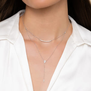 14K White Gold Layered Curved Bar and Diamond Drop Y Necklace