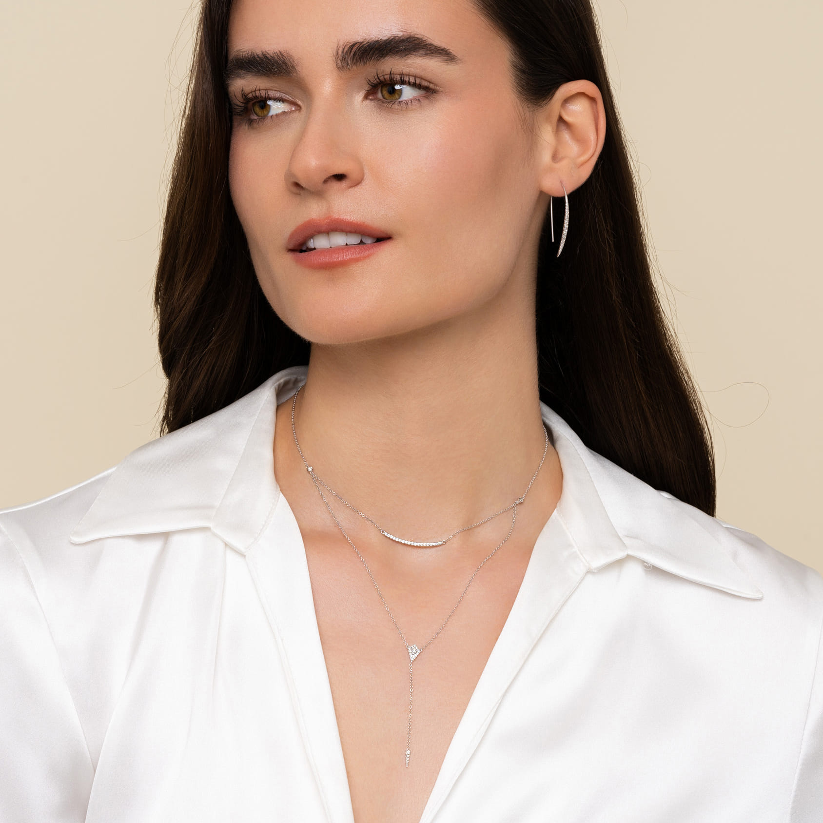 14K White Gold Layered Curved Bar and Diamond Drop Y Necklace