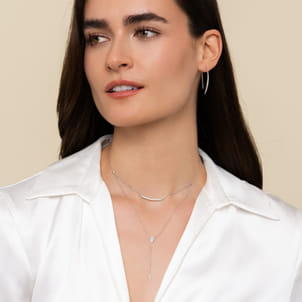 14K White Gold Layered Curved Bar and Diamond Drop Y Necklace