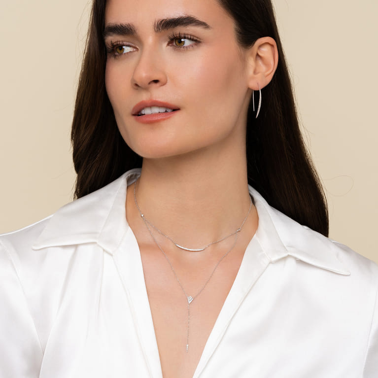 14K White Gold Layered Curved Bar and Diamond Drop Y Necklace - 0.41 ct - Shot 4