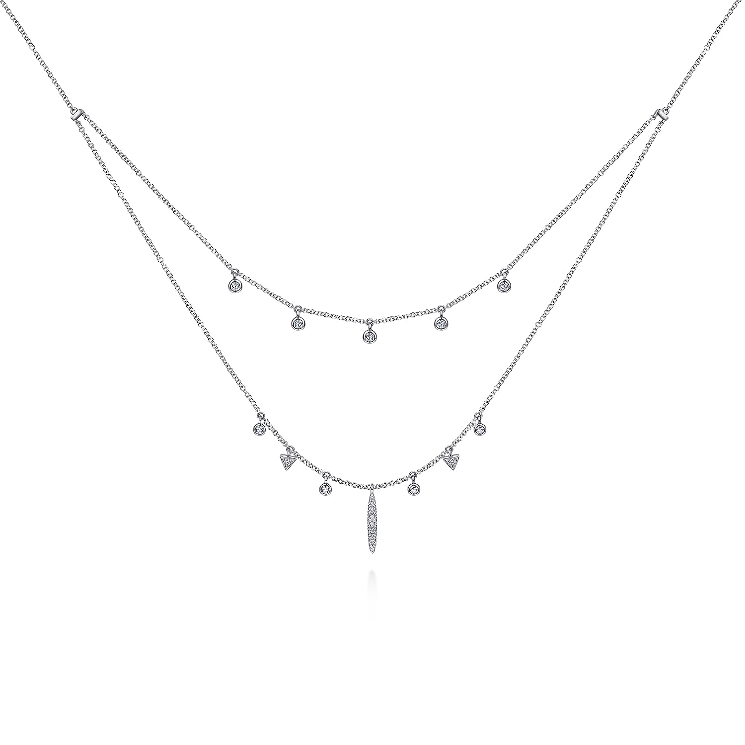 14K White Gold Layered Diamond Charm Drop Necklace