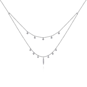 14K White Gold Layered Diamond Charm Drop Necklace