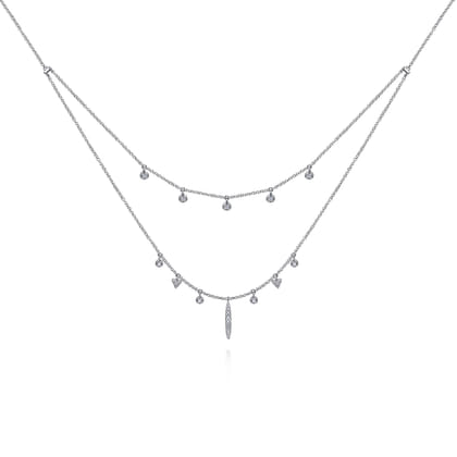 14K White Gold Layered Diamond Charm Drop Necklace