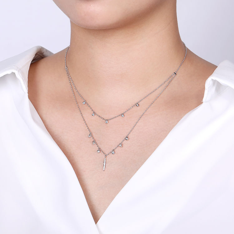 14K White Gold Layered Diamond Charm Drop Necklace