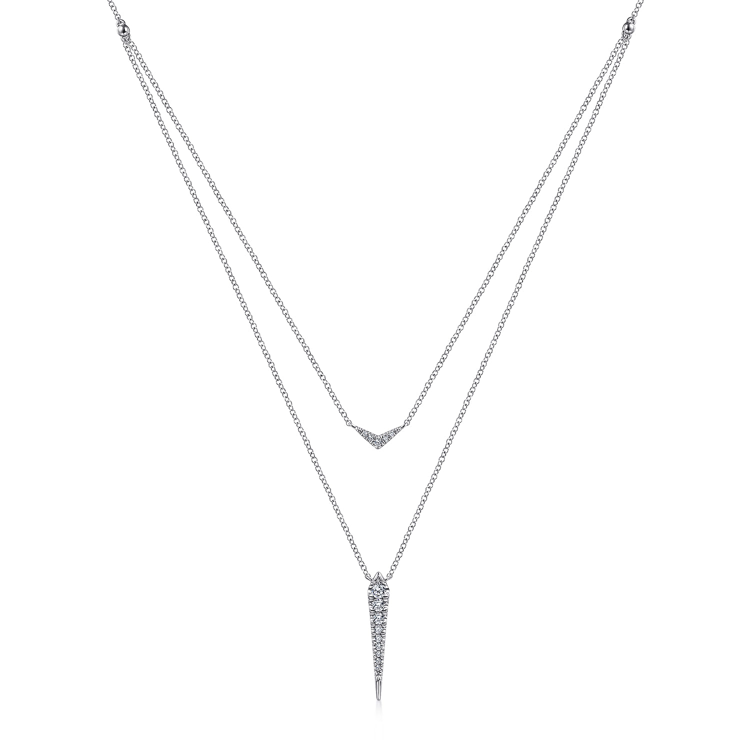 14K White Gold Layered Pave Diamond Bar and Spike Pendant Necklace